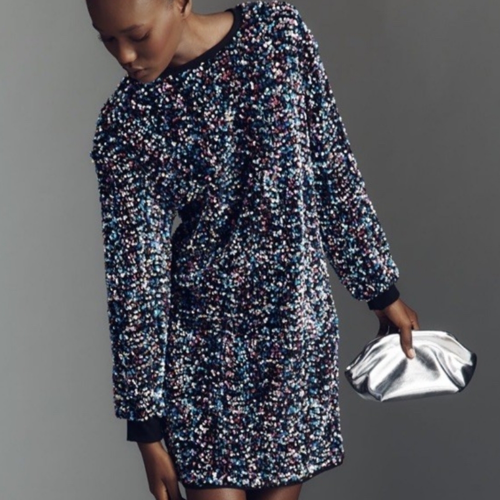 NEW Anthropologie Long-Sleeved & Lined Sequin Tunic Dress - Picture 5 of 9